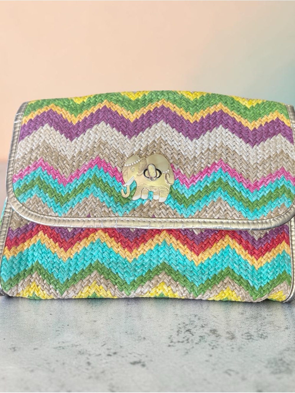 Lilly Pulitzer Multicolor Chevron Woven Clutch with Gold Elephant - Picture 2 of 11